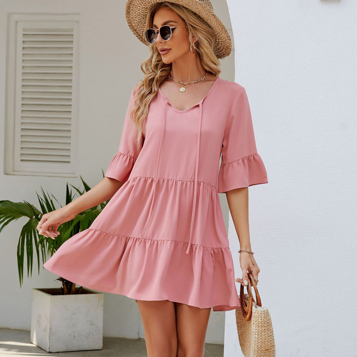 Solid Color Ruffled Hem Casual Dress