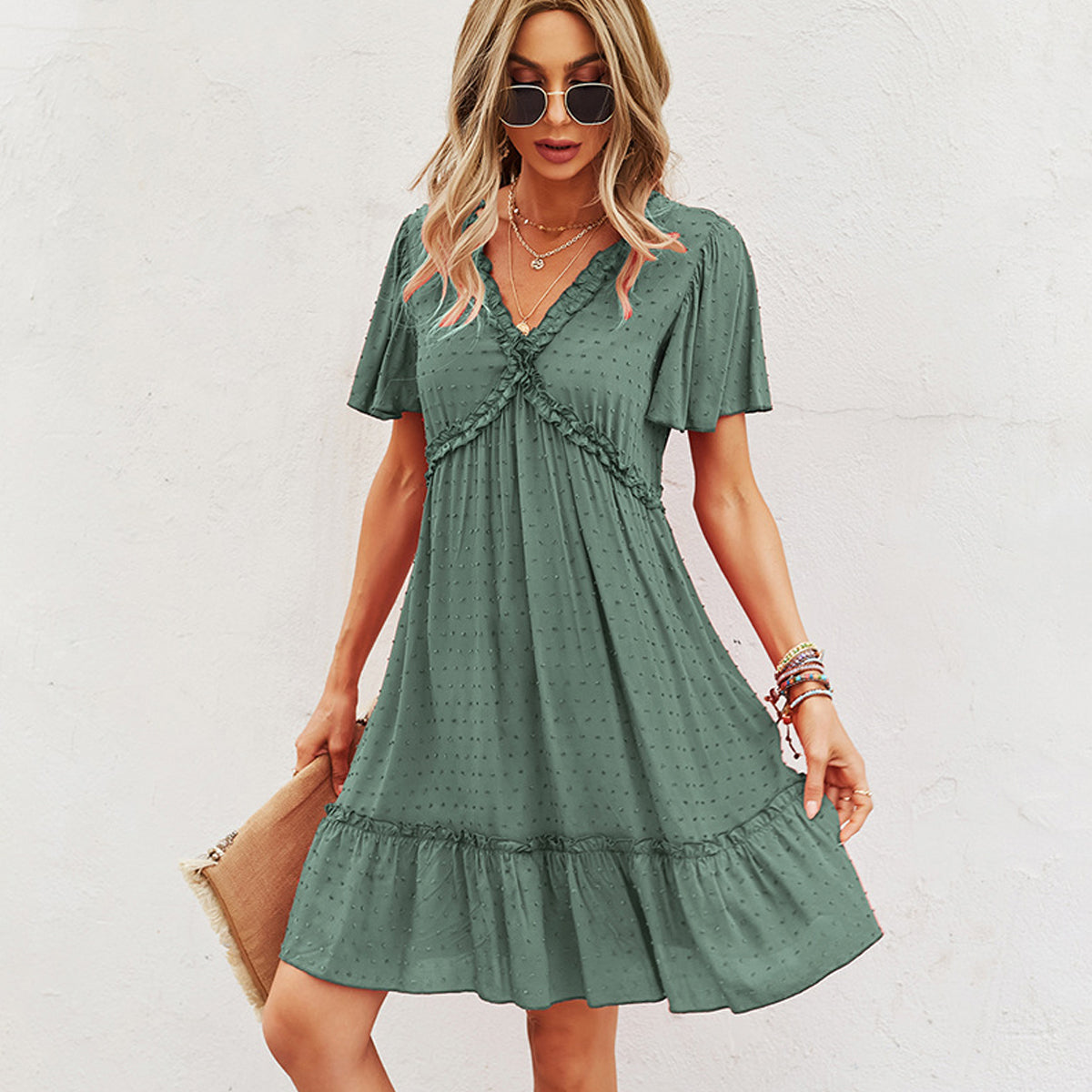 Solid Color V Neck High Waist Casual Dress