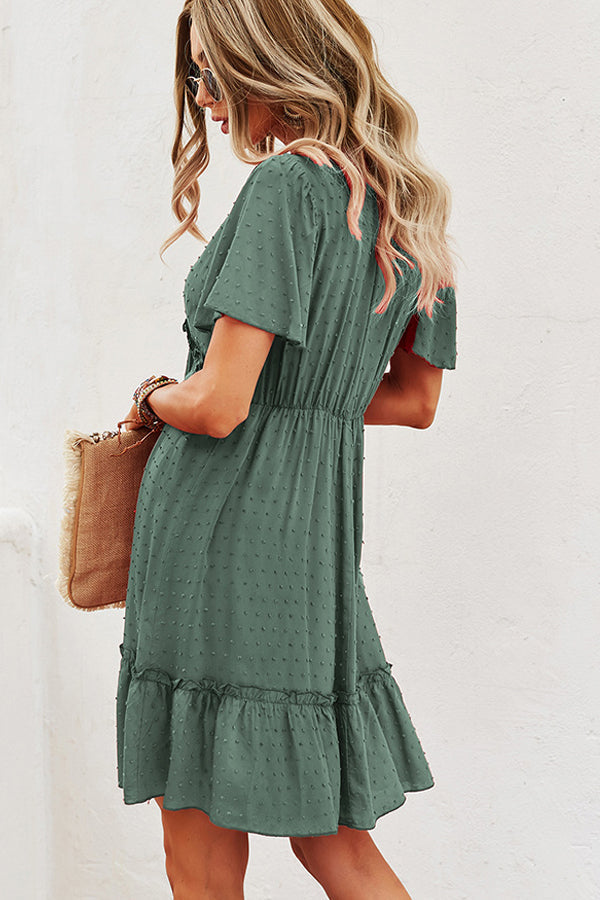 Solid Color V Neck High Waist Casual Dress