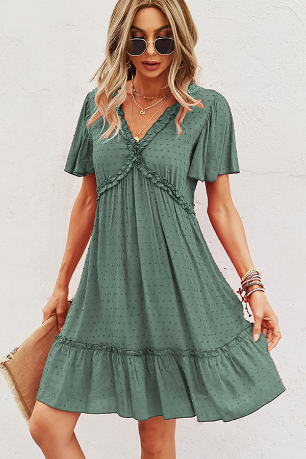 Solid Color V Neck High Waist Casual Dress