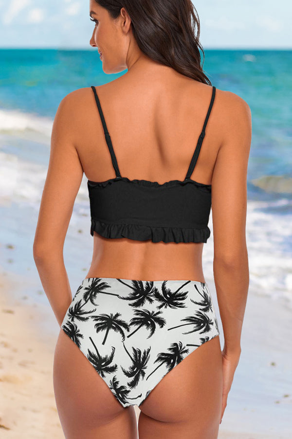 Stringy Selvedge Leaf Print Ruched Bikini Set