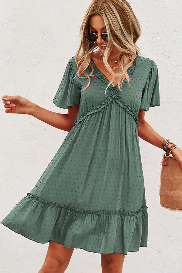 Solid Color V Neck High Waist Casual Dress