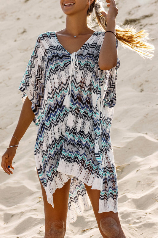 Tie Front Half Sleeve Knitted Swimsuit Cover Up