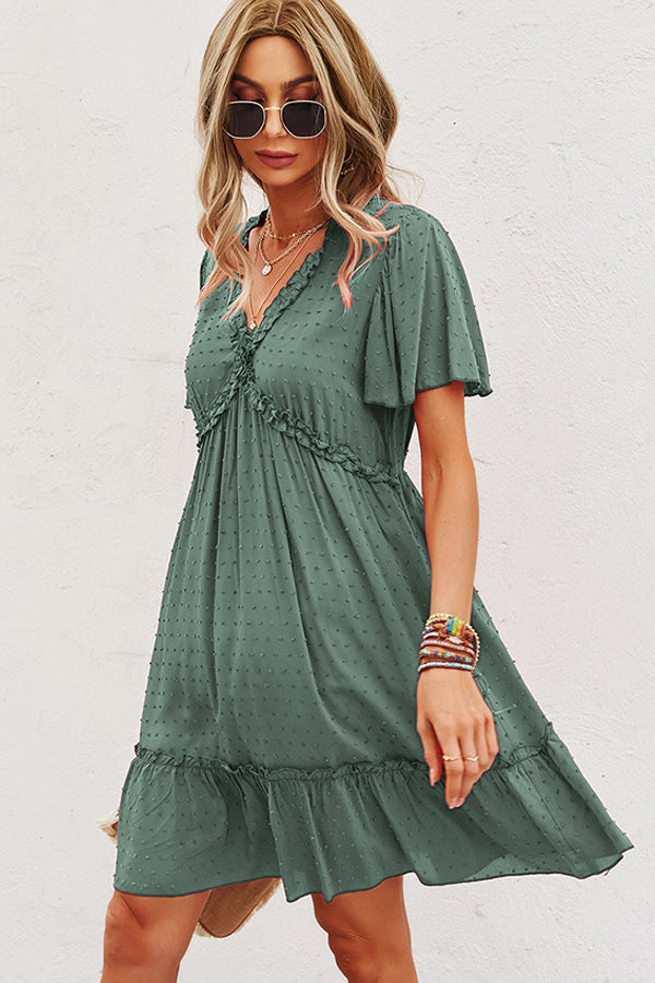Solid Color V Neck High Waist Casual Dress