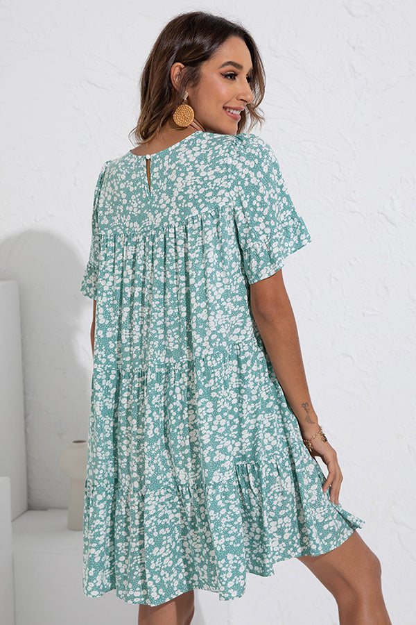 Floral Print Ruffled Round Neck Casual Dress