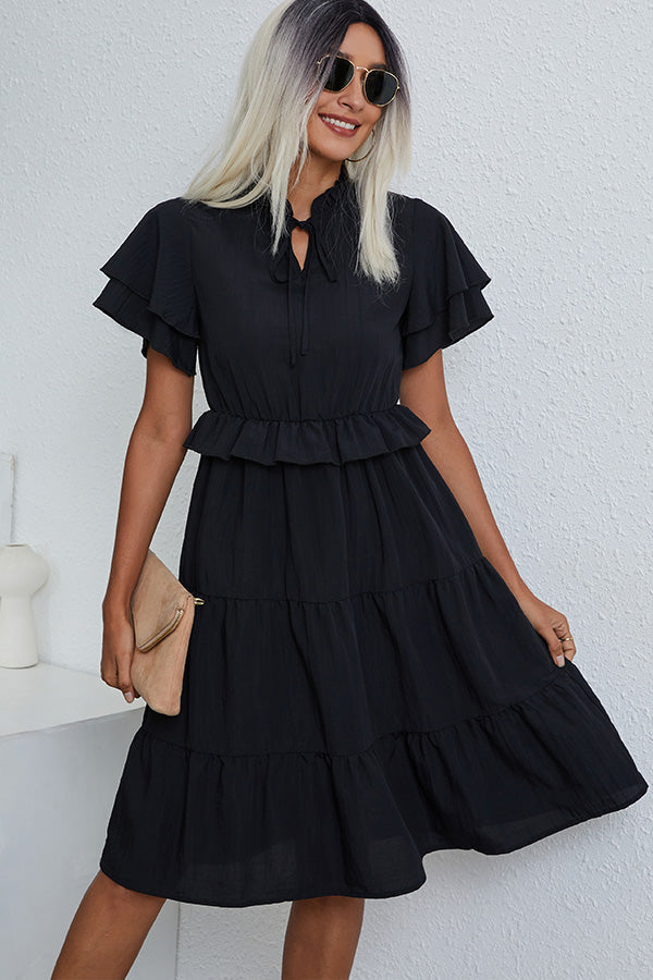 Ruffled Short Sleeve Solid Casual Dress