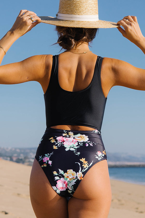 Floral Print Patchwork Cutout One Piece Swimsuit