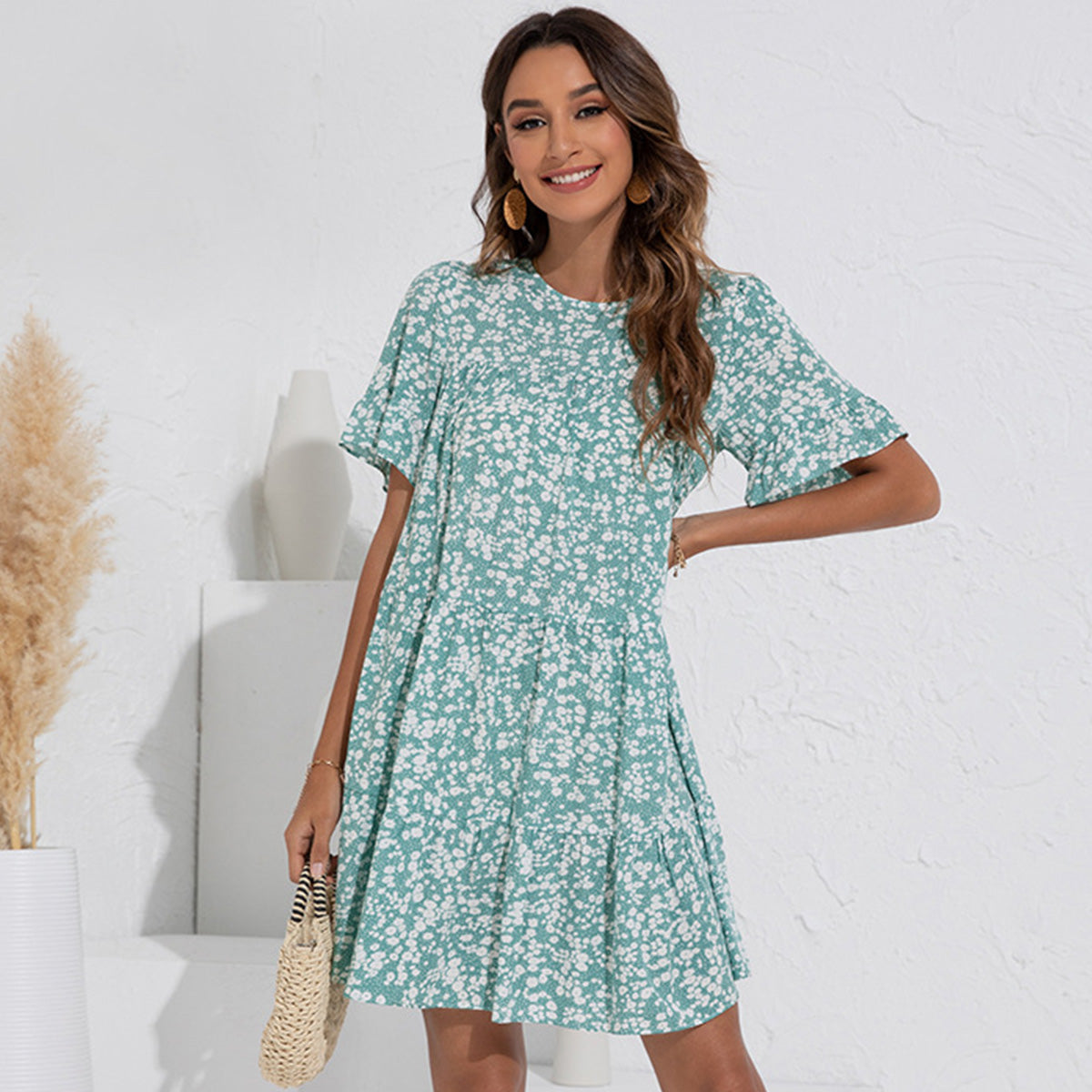 Floral Print Ruffled Round Neck Casual Dress