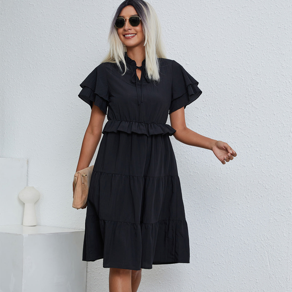 Ruffled Short Sleeve Solid Casual Dress