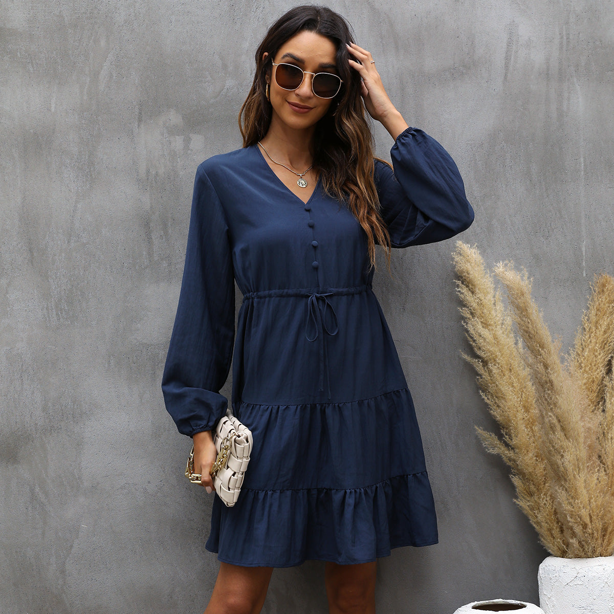 Long Sleeve V Neck Tie Waist Casual Dress