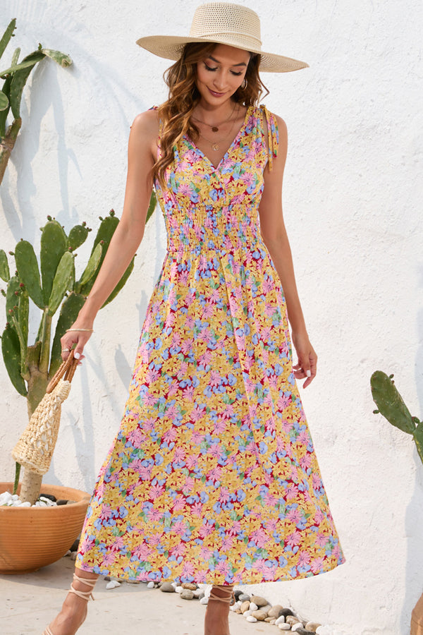 Floral Print V Neck Ruffle Hem  Casual Dress
