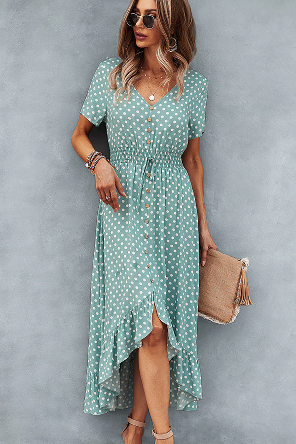 Dots Print High Waist V Neck Casual Dress