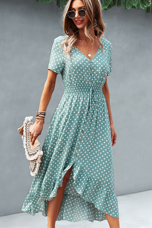 Dots Print High Waist V Neck Casual Dress