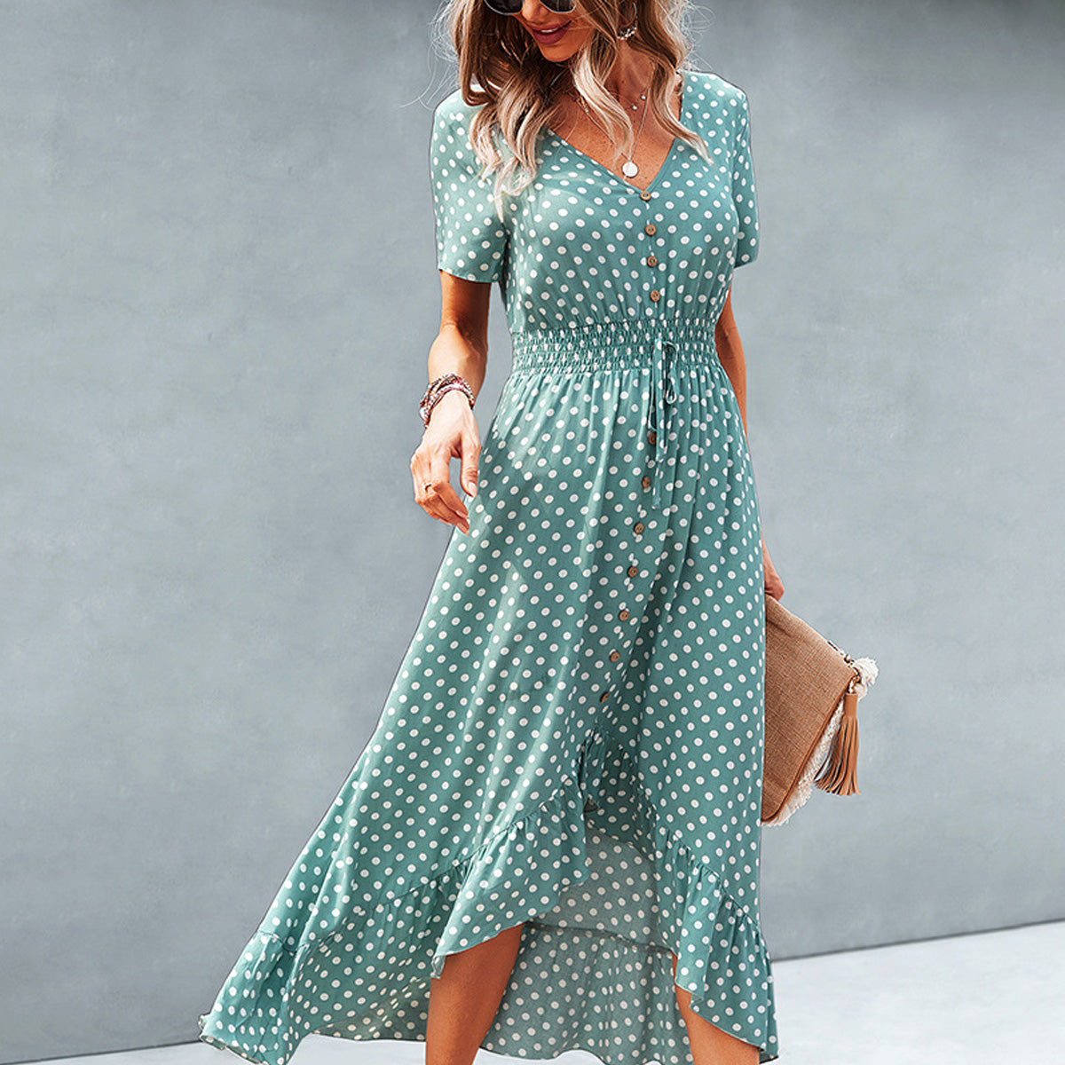 Dots Print High Waist V Neck Casual Dress