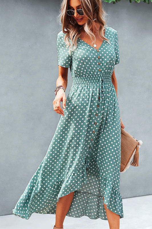 Dots Print High Waist V Neck Casual Dress