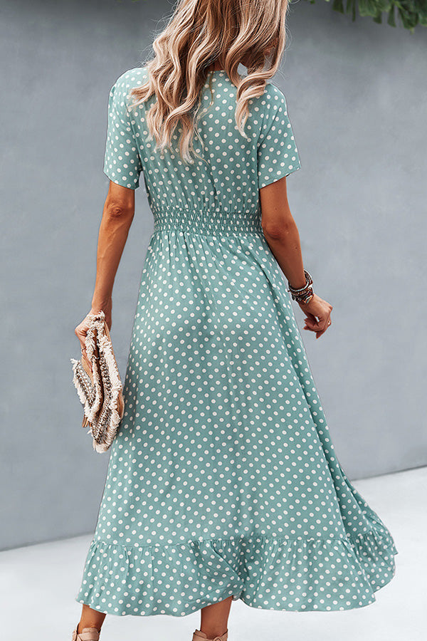 Dots Print High Waist V Neck Casual Dress